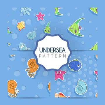 Set of vector seamless pattern with colorful marine fish, nautiluses, starf.. Illustrazione stock