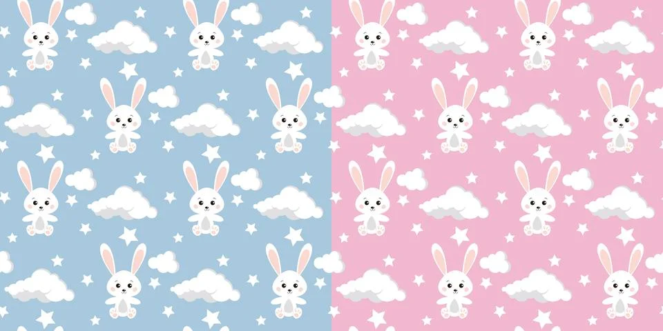 Set of vector seamless pattern with cute rabbit, clouds, stars on blue and pi イラスト素材