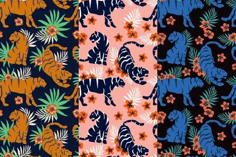 Set Vector seamless pattern with cute tigers with tropical leaves and exotic  Stock Illustration