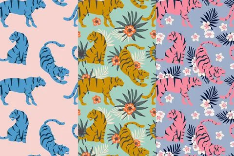 Set Vector seamless pattern with cute tigers with tropical leaves and exotic  Stock Illustration
