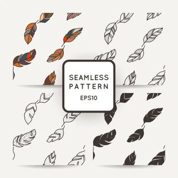 Set of vector seamless pattern of feathers. Doodle. Zentangle Stock Illustration
