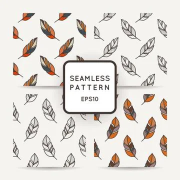 Set of vector seamless pattern of feathers. Doodle. Zentangle Stock Illustration