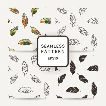 Set of vector seamless pattern of feathers. Doodle. Zentangle Stock Illustration