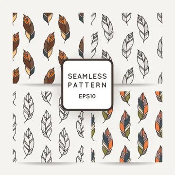 Set of vector seamless pattern of feathers. Doodle. Zentangle Stock Illustration