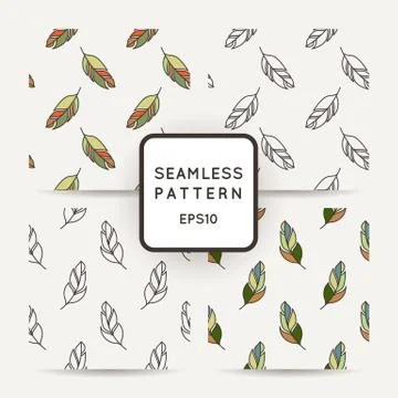 Set of vector seamless pattern of feathers. Doodle. Zentangle Stock Illustration