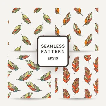 Set of vector seamless pattern of feathers. Doodle. Zentangle Stock Illustration