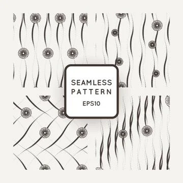 Set of vector seamless pattern of fine lines, decorated with flowers and daisies Stock Illustration