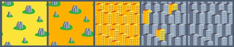 Set of Vector seamless pattern of gray house on yellow and orange background. Stock Illustration