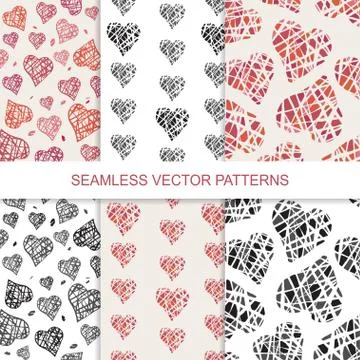 Set of vector seamless pattern with hand drawn colorful hearts Stock Illustration