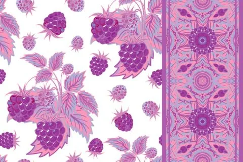 Set of vector seamless pattern with lilac raspberries and border (ribbon, tape 스톡 일러스트