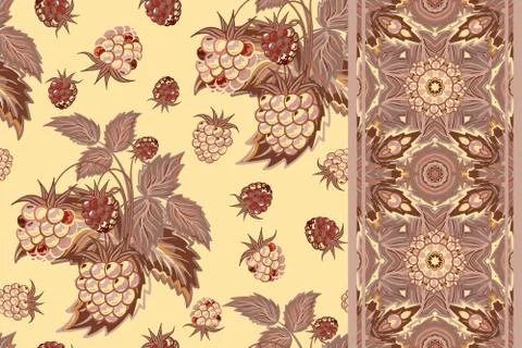 Set of vector seamless pattern with raspberries and border (ribbon, tape, band Stock Illustration