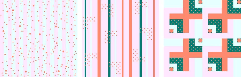 Set of Vector seamless pattern with stripes, polka dots, square, lines Stock Illustration