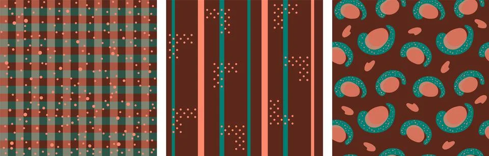 Set of Vector seamless pattern with stripes, polka dots, checkered, square 스톡 일러스트