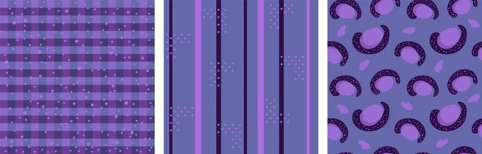 Set of Vector seamless pattern with stripes, polka dots, checkered, square Stock Illustration