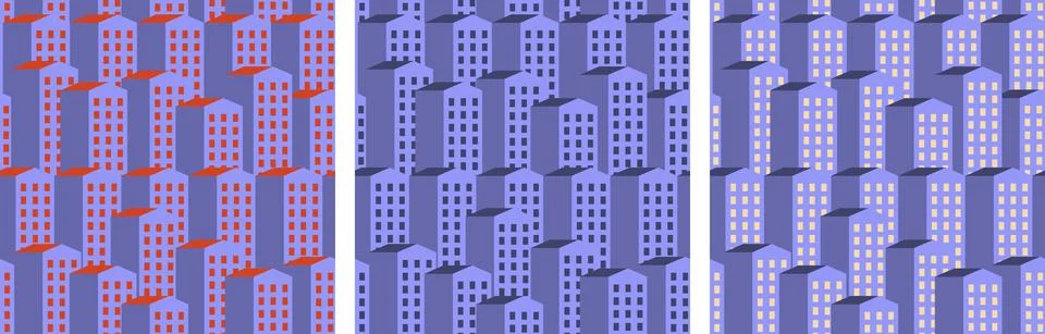 Set of Vector seamless pattern of Very Peri color houses with yellow, red Stock Illustration