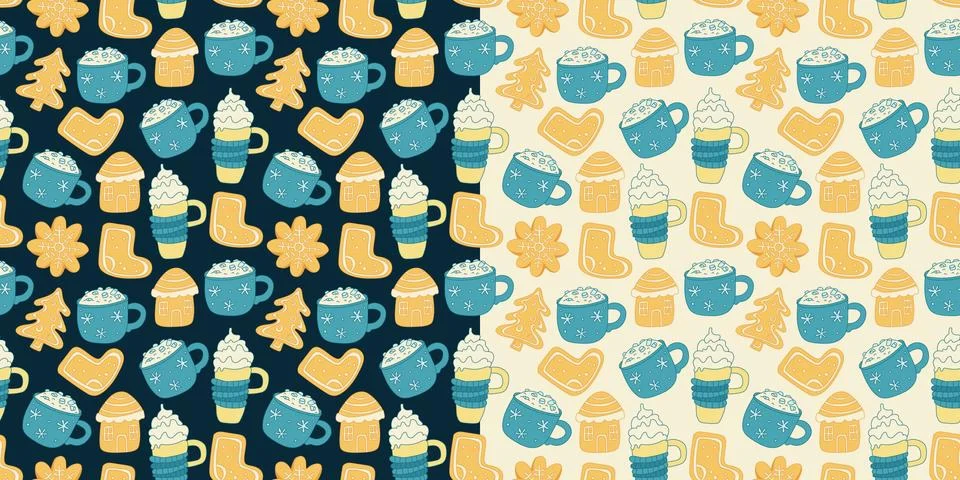 Set with vector seamless pattern with Xmas gingerbreads and hot drinks. Stock Illustration