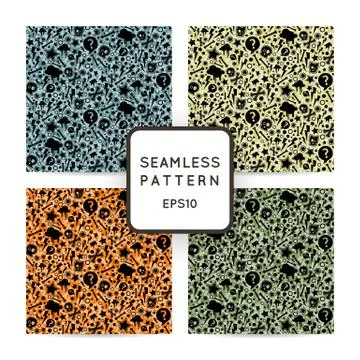 Set of vector seamless patterns with bones, skulls and stars. Emo-style. Stock Illustration
