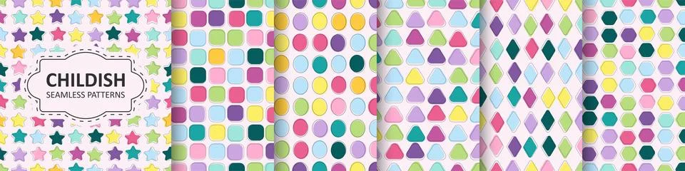 Set of vector seamless patterns with colorful mosaic shapes. Trendy bright Stockillustratie