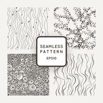 Set of vector seamless patterns: curves with beads, threads with hearts, curls Illustrazione stock