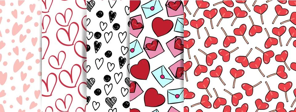 Set of vector seamless patterns. Design for Valentine's Day, wedding, love. Illustrazione stock