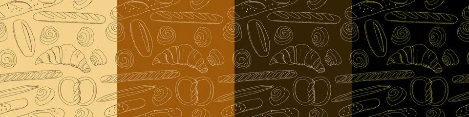 Set of vector seamless patterns with different kinds of bakery. Endless hand  Stock Illustration