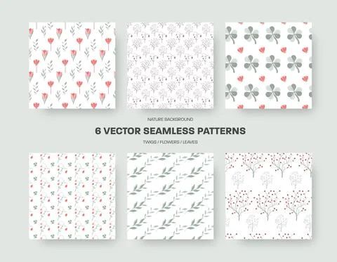 Set of vector seamless patterns with flowers, leaves, floral plants on a whit Stock Illustration