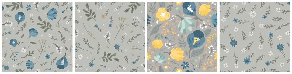 Set of vector seamless patterns of flowers and leaves. Simple modern illustra Ilustração Stock