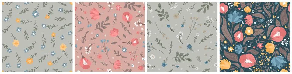 Set of vector seamless patterns of flowers and leaves. Simple modern illustra 스톡 일러스트