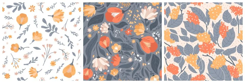 Set of vector seamless patterns of flowers and leaves. Simple modern illustra Illustrazione stock