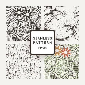 Set of vector seamless patterns with grungy hand-drawn elements, flowers and Stock Illustration