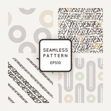 Set of vector seamless patterns with grungy hand-drawn triamgle elements and dot Stock Illustration