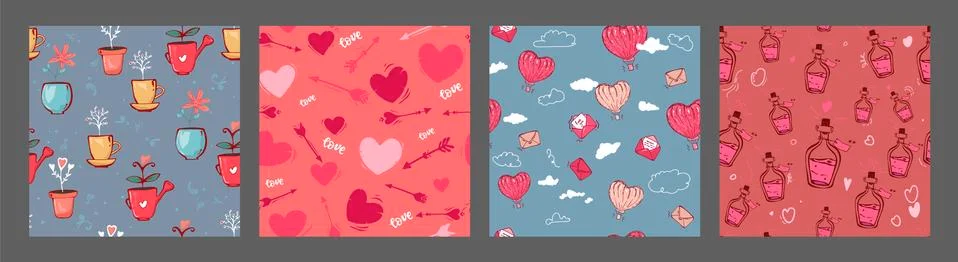 Set of vector seamless patterns with hand drawn hearts air balloons, bottle l Stock Illustration