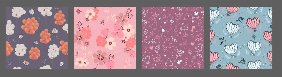 Set of vector seamless patterns with hand drawn hearts air balloons, love, fl Stock Illustration