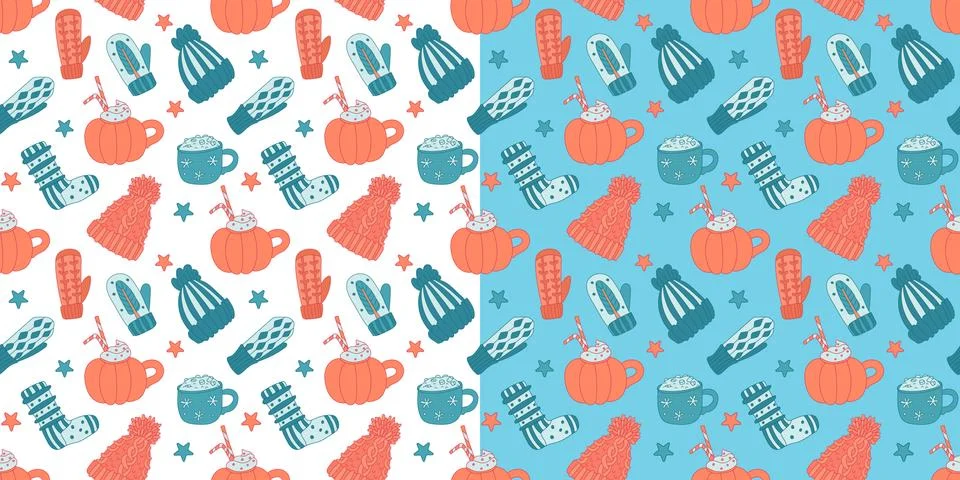 Set vector seamless patterns with knitted warm clothes and hot drinks. Stock Illustration