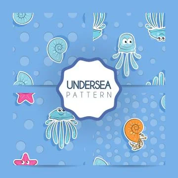 Set of vector seamless patterns of marine jellyfish, nautiluses, starfish a.. Illustrazione stock