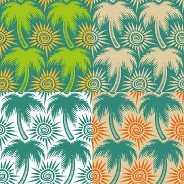 Set of vector seamless patterns with palm trees and sun. Stock Illustration