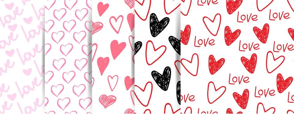 Set of vector seamless patterns. Patterns with hearts. Romantic seamless Illustrazione stock