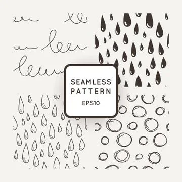 Set of vector seamless patterns with scribbles and raindrops Illustrazione stock