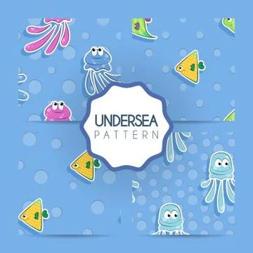 Set of vector seamless patterns of sea with yellow and green fish and jelly.. Stockillustratie