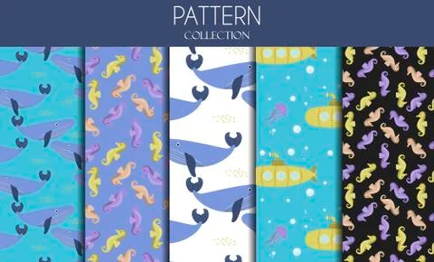A set of vector seamless patterns with sea animals and the underwater world Stock Illustration
