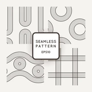 Set of vector seamless patterns of striped geometric shapes 스톡 일러스트