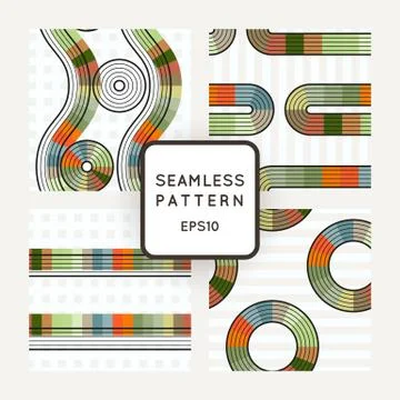 Set of vector seamless patterns of striped geometric shapes with colored dies Stock Illustration