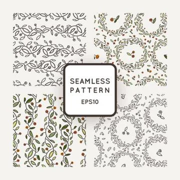 Set of vector seamless patterns of stylized branches with leaves and cherries Illustrazione stock