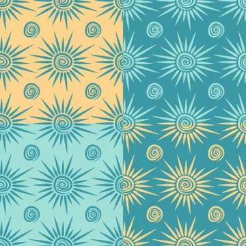 Set of vector seamless patterns with sun and spiral. Stock Illustration