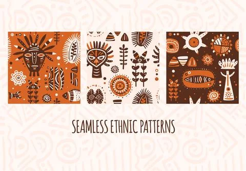 Set of vector seamless patterns with tribal ornaments of orange, white and .. Stock Illustration