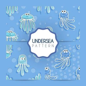 Set of vector seamless patterns with a variety of marine jellyfish. Pattern.. Stock Illustration