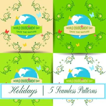 Set of vector seamless patterns on the World Environment Day. Stock Illustration