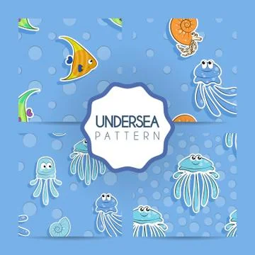 Set of vector seamless sea pattern with green and orange fish, jellyfish an.. Illustrazione stock