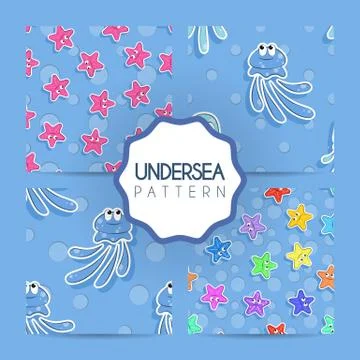 Set of vector seamless sea pattern with colorful starfish and jellyfish. Pa.. Stock Illustration