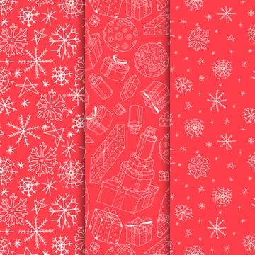 Set of vector seamless xmas patterns - hand drawn design. Merry Christmas Stock Illustration